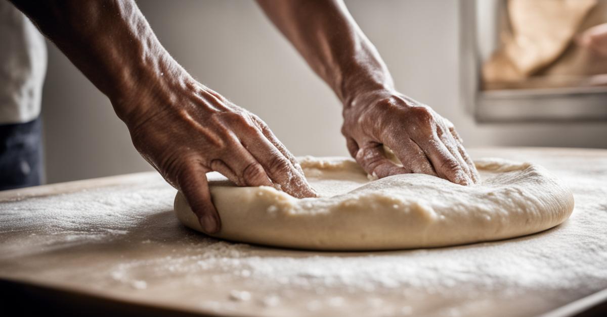 Rozwałkowywanie gotowego ciasta na pizzę.