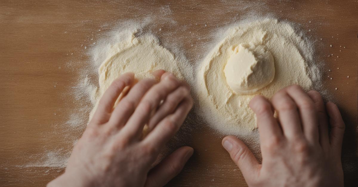 Przygotowanie kruchego ciasta: łączenie masła z mąką.