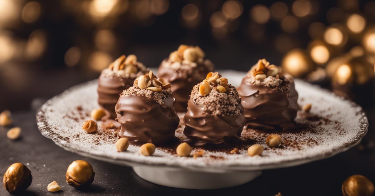 Udekorowane ciasto Ferrero Rocher bez pieczenia z pralinami, orzechami i kakao.