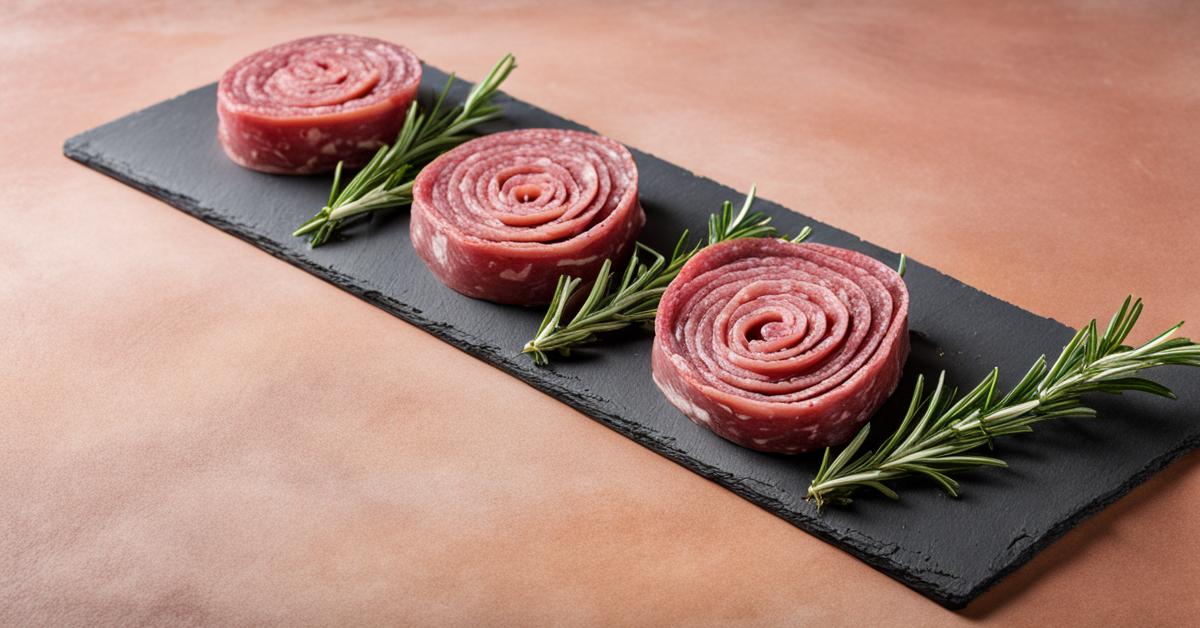 Plasterki salami zwinięte w kształt różyczek ułożone wśród gałązek rozmarynu.