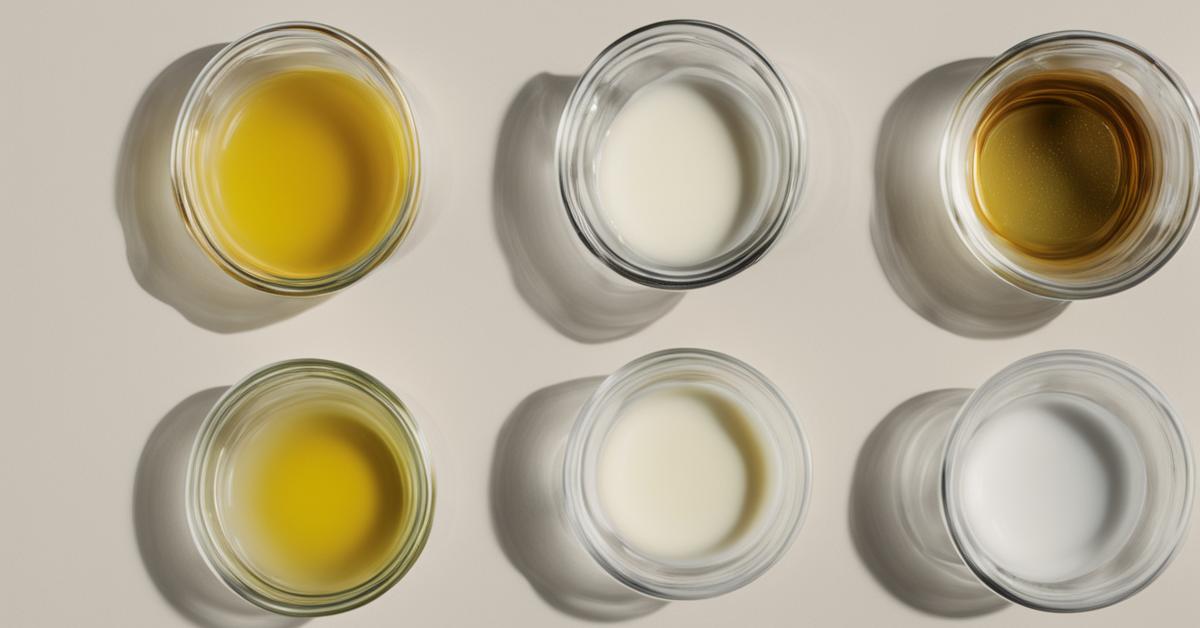 Porównanie objętości: 50 ml i 100 ml wody, oleju i mleka w miarkach kuchennych.