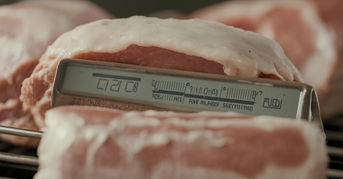Termometr wbity w pieczony schab, wskazujący idealną temperaturę.