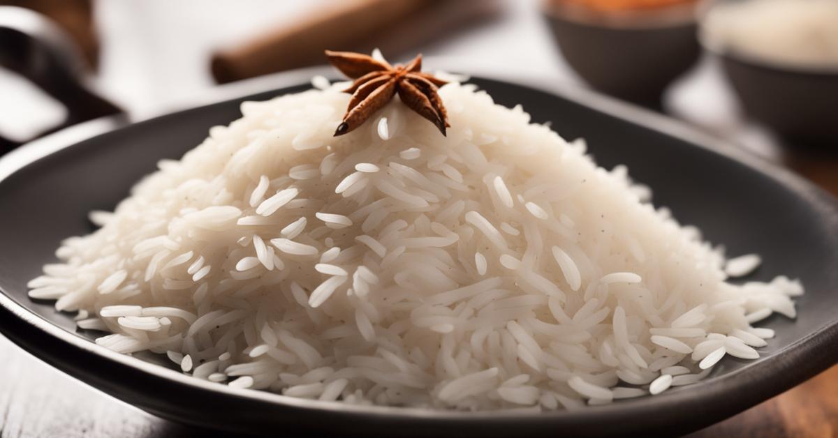Ugotowany ryż basmati w misce z indyjskimi przyprawami w tle.