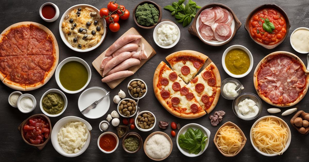 Różnorodne składniki do pizzy: sery, mięsa, warzywa i sosy.