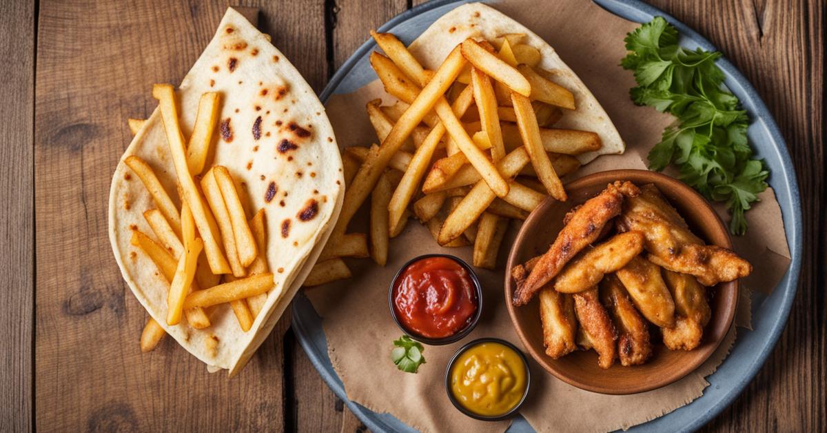Kebab w tortilli z kurczakiem obok porcji frytek.