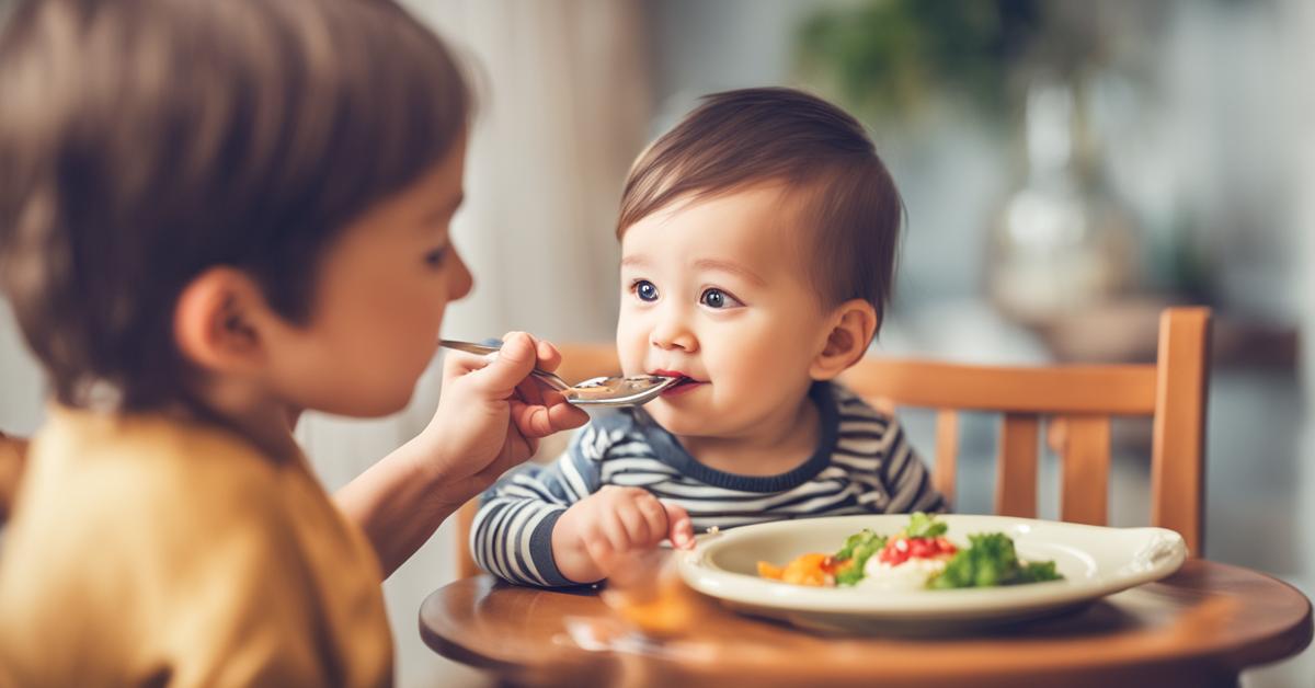 Mama karmi niemowlę łyżeczką, troskliwa kolacja pełna miłości i bliskości.
