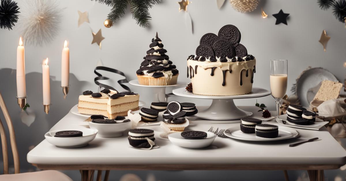 Dekorowanie sernika Oreo bitą śmietaną, owocami i pokruszonymi ciastkami.