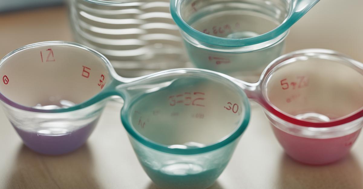 Zestaw miarek kuchennych, zbliżenie na miarkę 50 ml wypełnioną wodą.