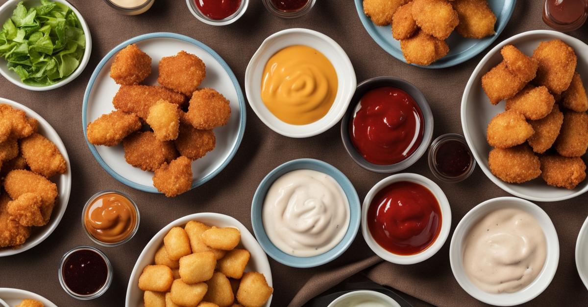 Nuggetsy z kurczaka podane z różnymi dipami, sos czosnkowy i ketchup.