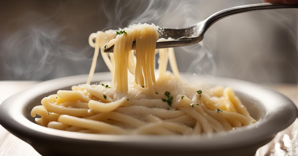 Makaron al dente na widelcu, para unosi się znad niego.