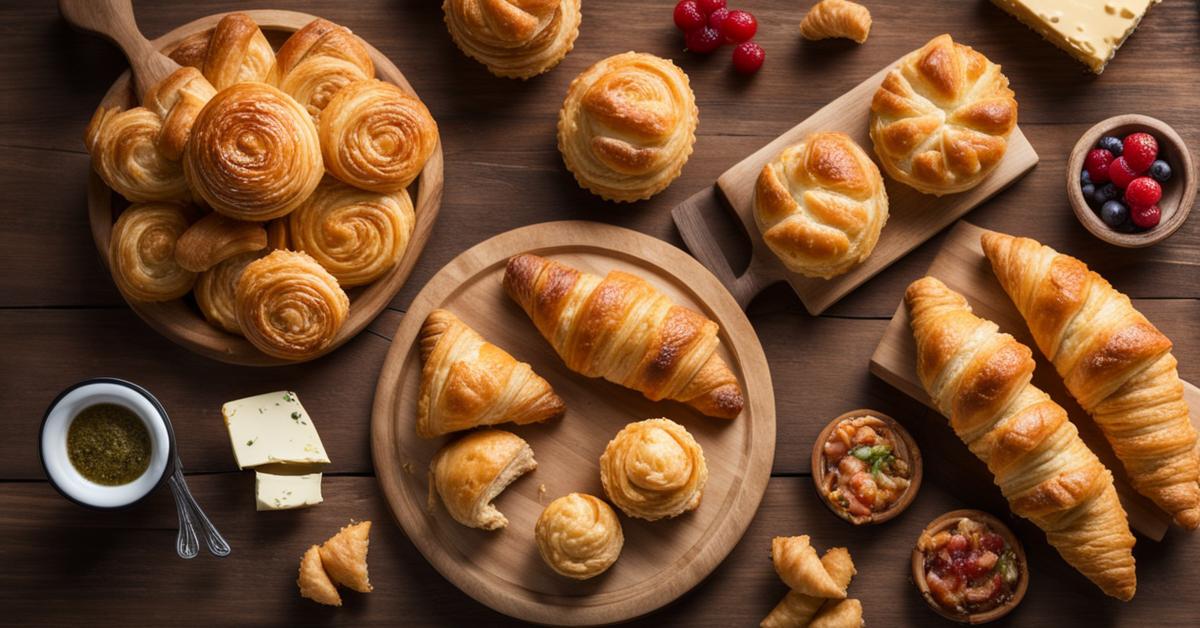 Różnorodność słodkich i wytrawnych przekąsek z ciasta francuskiego.